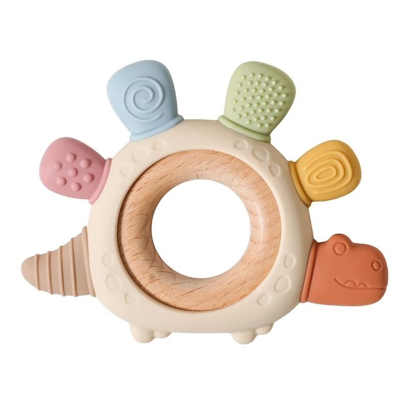 Silicone Crab Baby Teether with Natural Wooden Ring – BPA-Free Molar Toy