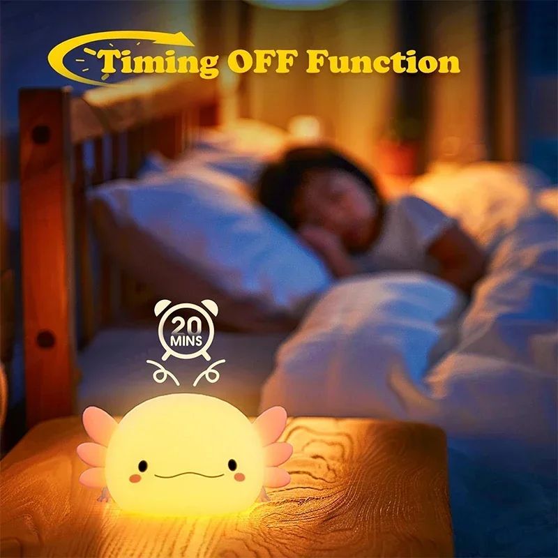 Cute Axolotl Silicone LED Night Light – Touch Control Rechargeable Kids Bedside Lamp