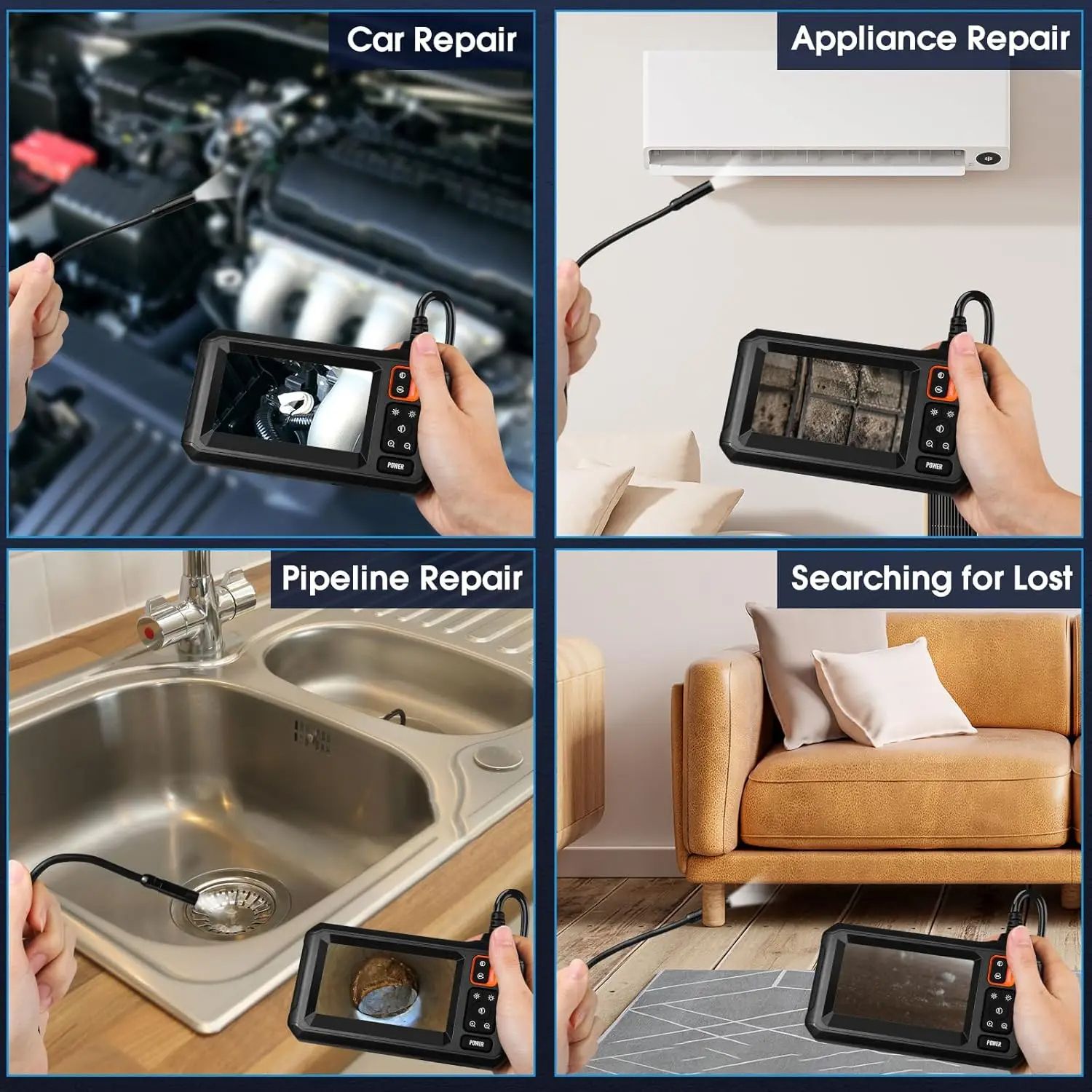 Industrial Endoscope Camera IPS Screen Borescope IP67 Waterproof 8 LED Inspection Scope for Pipe Auto Drain Sewer Repair