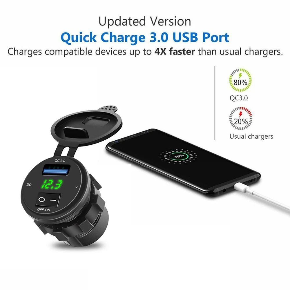 QC3.0 Dual USB Car Charger Socket with Voltmeter – Waterproof Fast Charging 12V 24V Power Outlet