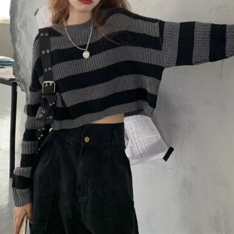 Vintage Oversize Knit Jumper Female, Korean Style Striped Cropped Sweater, Autumn Long Sleeve O-neck Pullover Tops