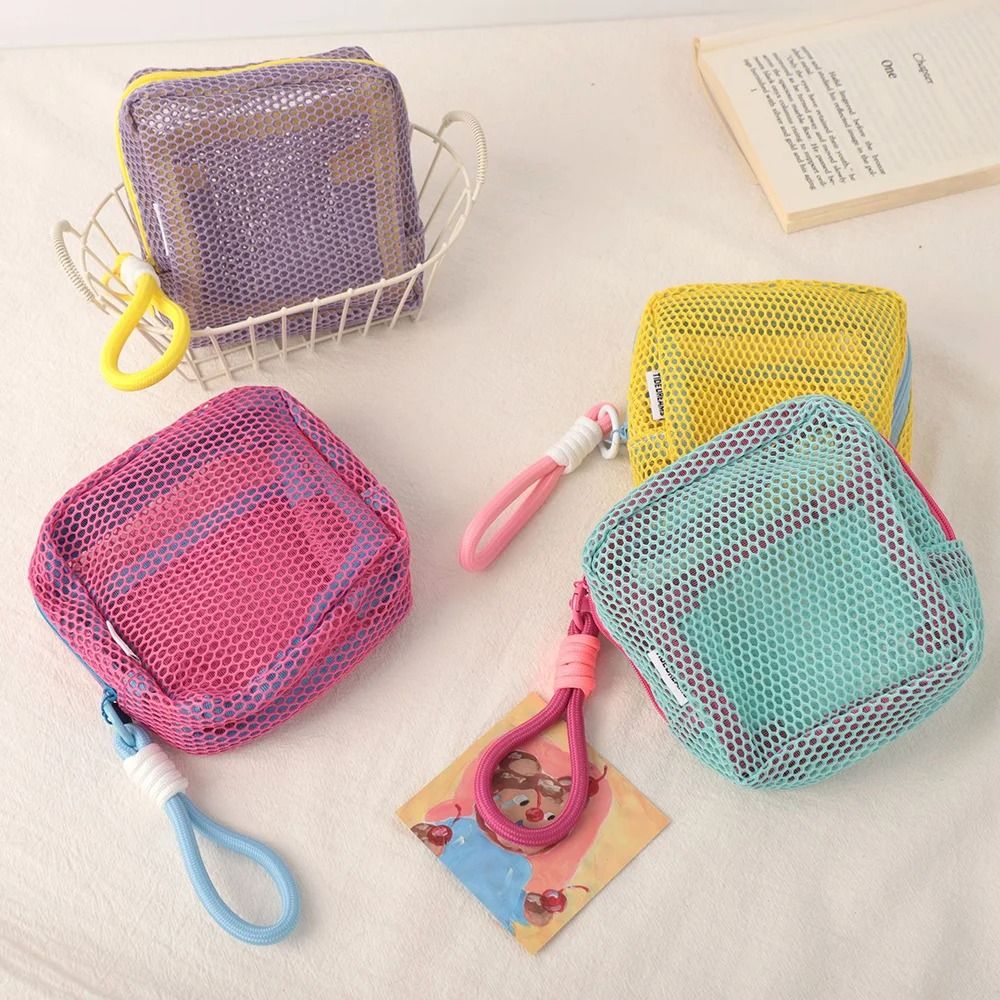 Square Mesh Cosmetic Bag with Zipper Multi-Purpose Storage