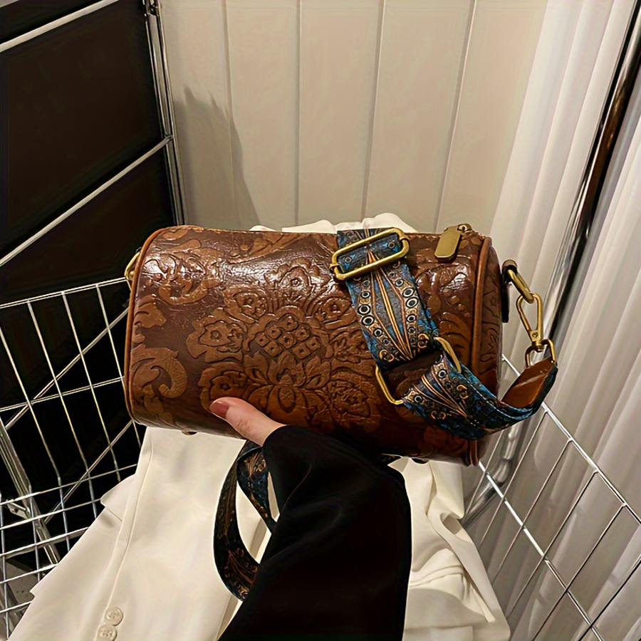 Fashionable Chinese Style Retro Womens Cylindrical Shoulder Crossbody Bag Embossed & Chic