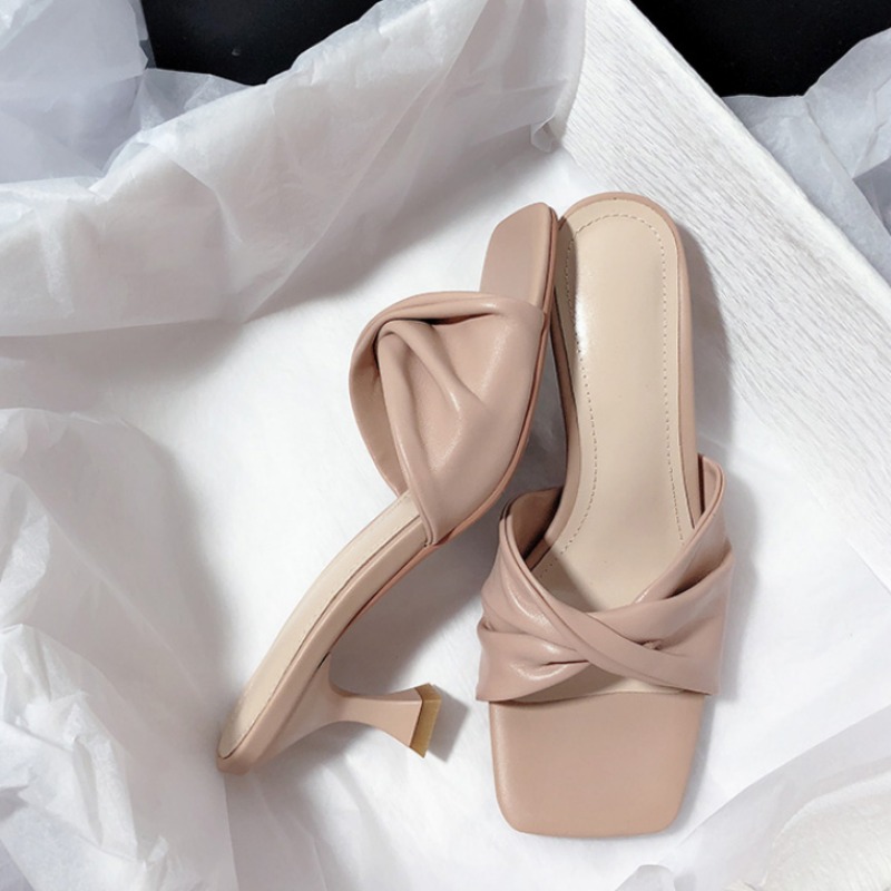 New Fashion Summer Handmade Women Shoes High Heels Square Open Toe Slippers Apricot Off White