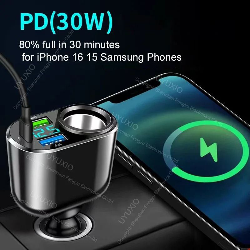 UYUXIO Multi-Port USB-C Car Charger Adapter – Super PD 30W Fast Charge with Voltage Display & Extension Port