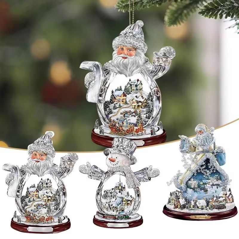 2D Flat Acrylic Christmas Tree Ornaments Santa and Snowman Hanging Decorations for Holiday and New Year