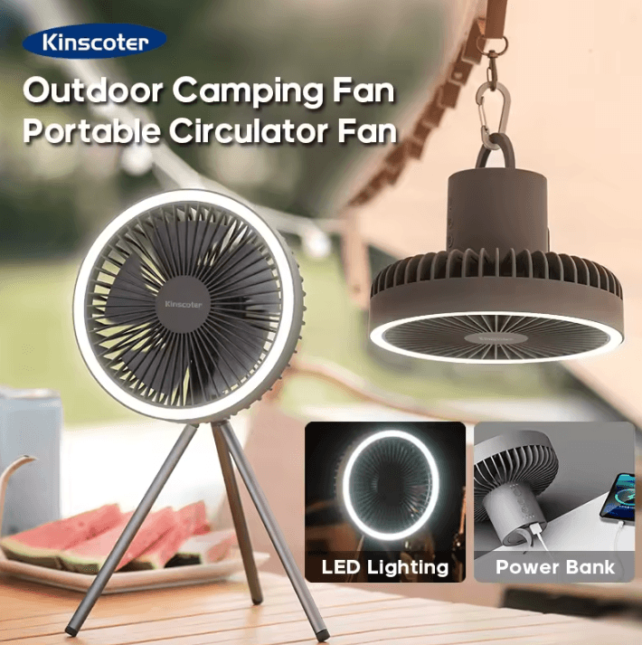 Rechargeable Portable Camping Fan – Cordless Desktop and Ceiling Fan with Power Bank and LED Light