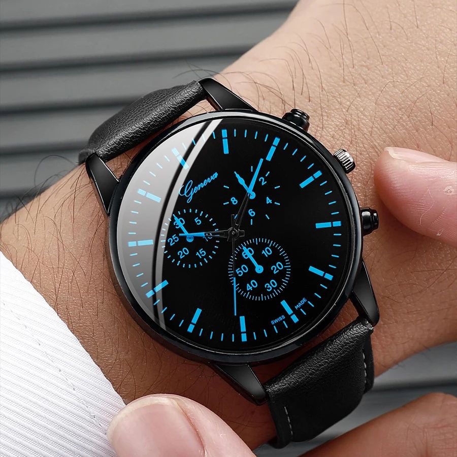 Mens Business Leather Watch Necklace Bracelet Set