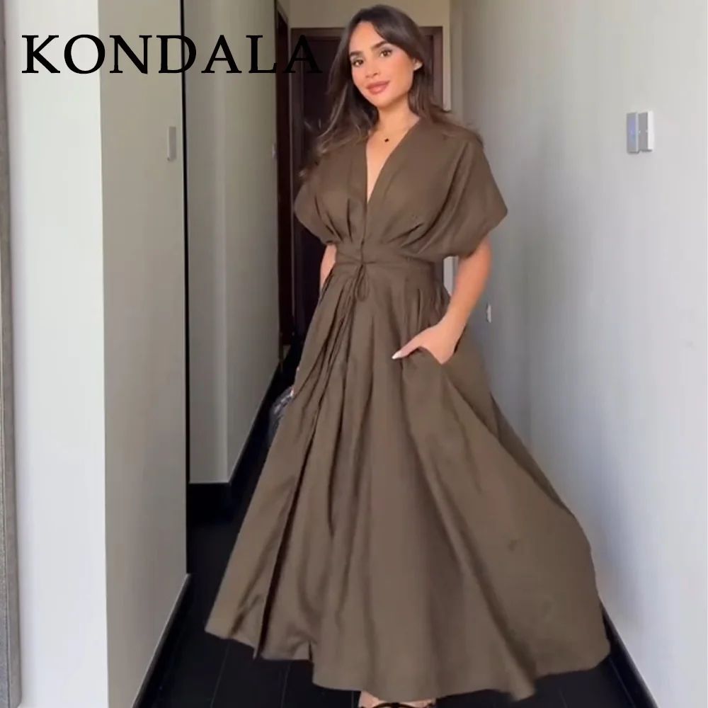 KONDALA Vintage V Neck Dress Sleeveless Single Breasted Women Dress Chic Brown Summer Dress