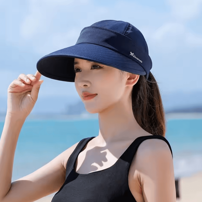 Foldable Wide Brim Ponytail Sun Hat – UV Protection Detachable Open-Top Summer Cap