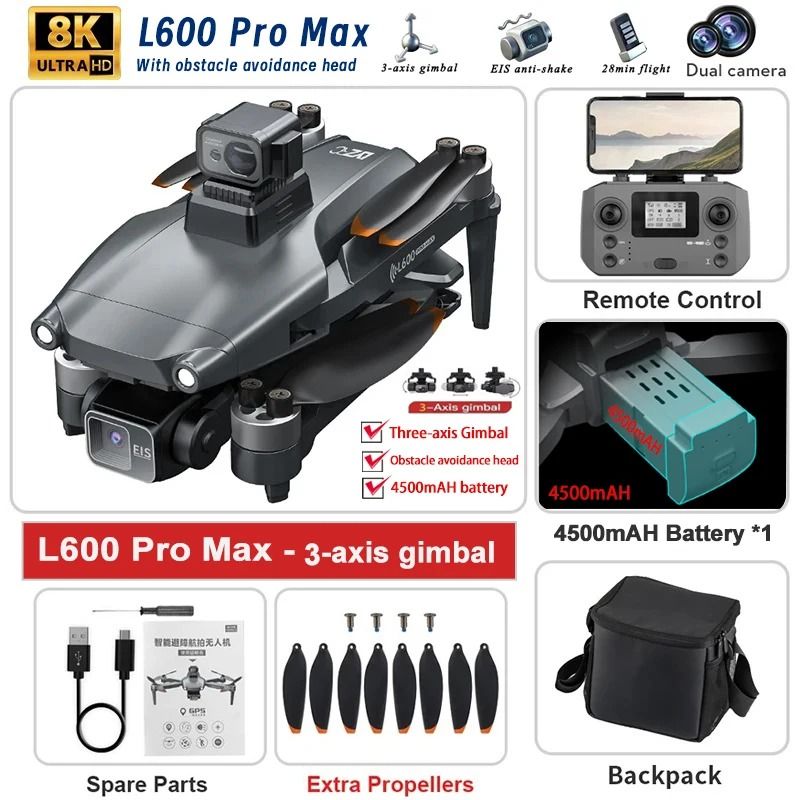 L600 PRO MAX 2025 GPS Drone with 4K HD Dual Camera, 3 Axis Gimbal, Obstacle Avoidance, and 5KM Range