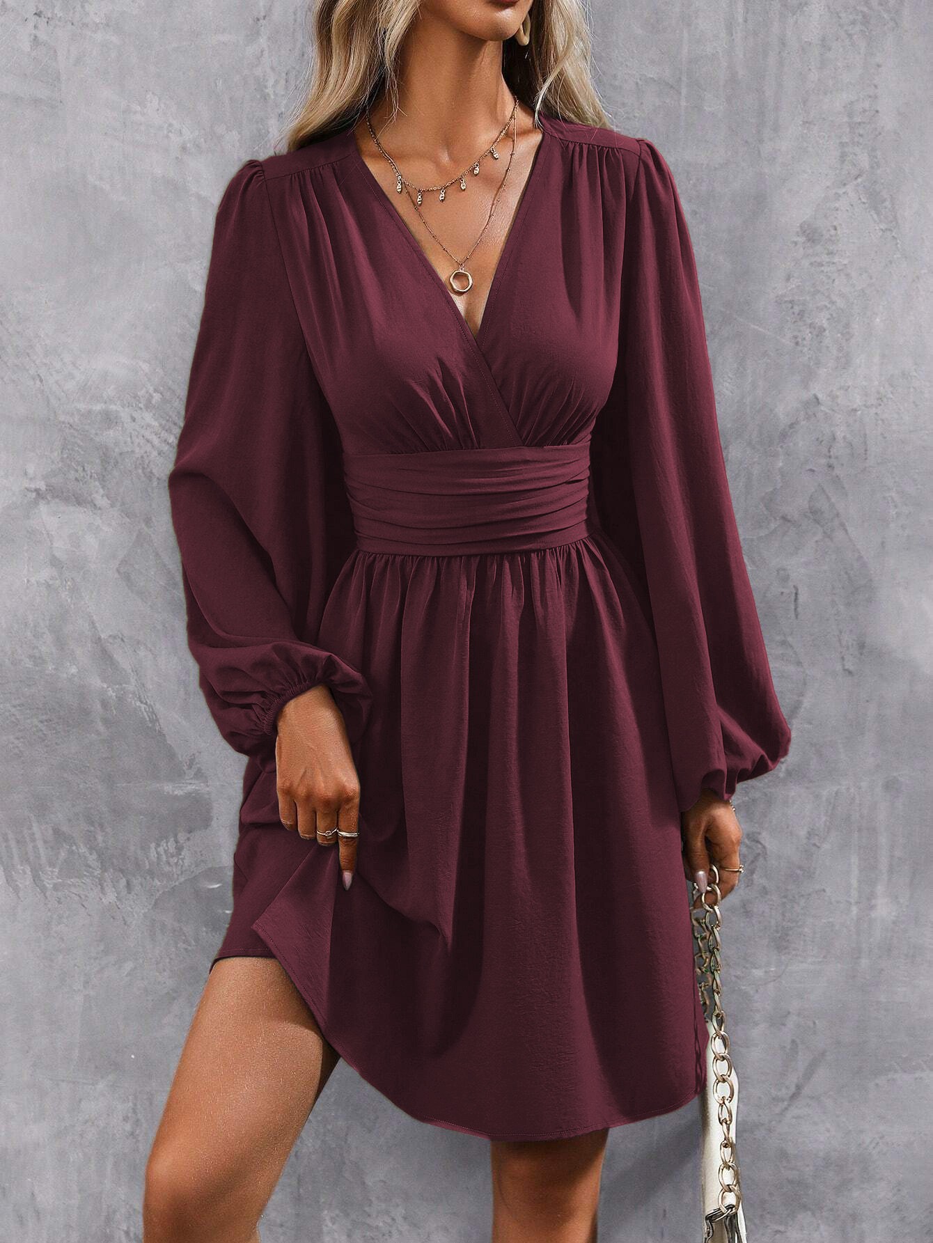 Women Winter Neck Lantern Sleeve Dress, Knit Dress with Waist Shirring, Bodycon Maxi