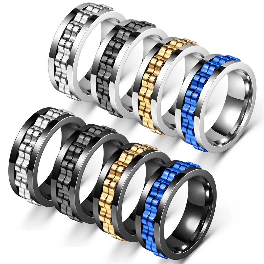 Stainless Steel Anxiety Ring Rotating Gear Chain Spinning Fidget Ring