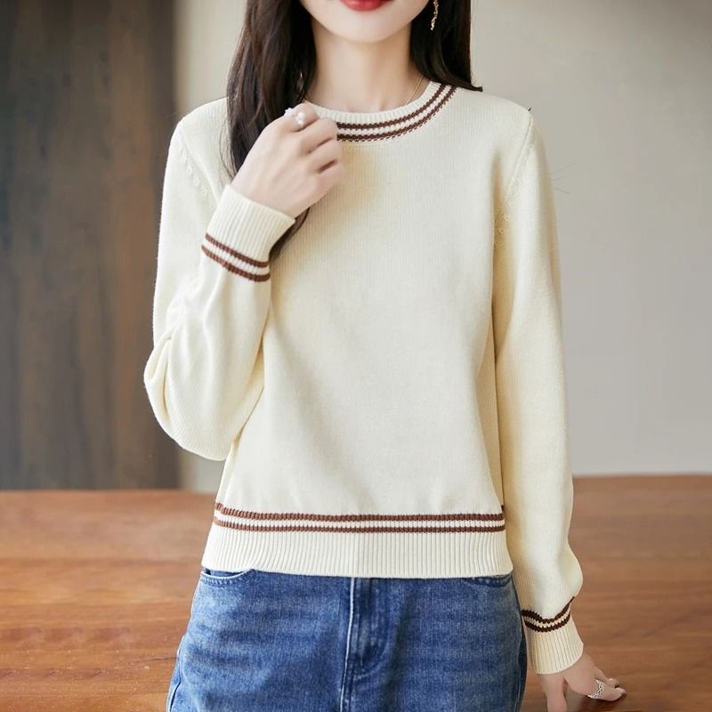Autumn Winter Women Pure Cotton Knitted O-Neck Pullover Sweater