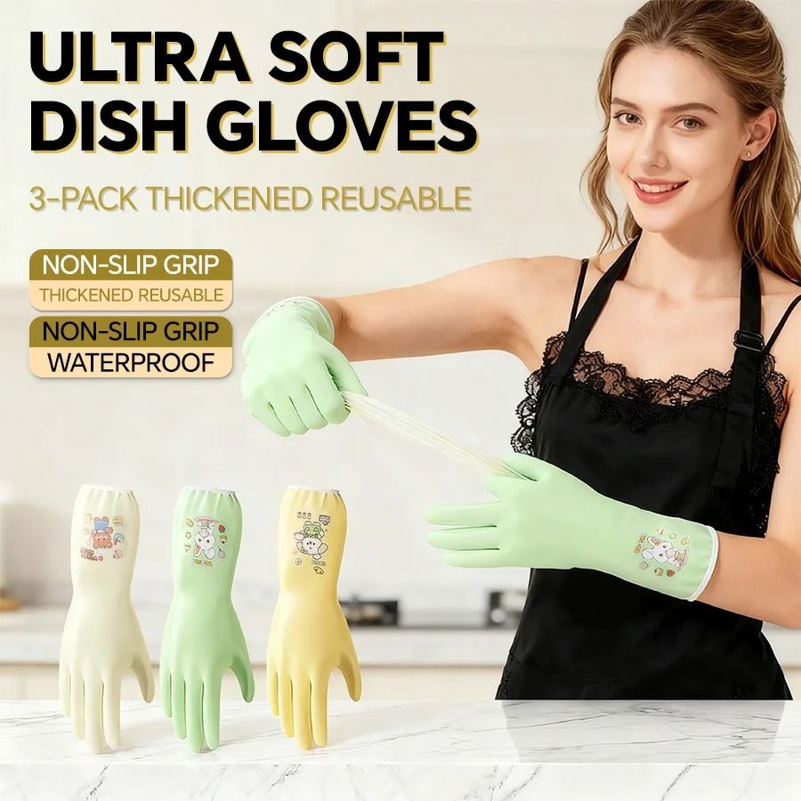 Waterproof Anti Slip Latex Kitchen Cleaning Gloves Set of 3 Pairs