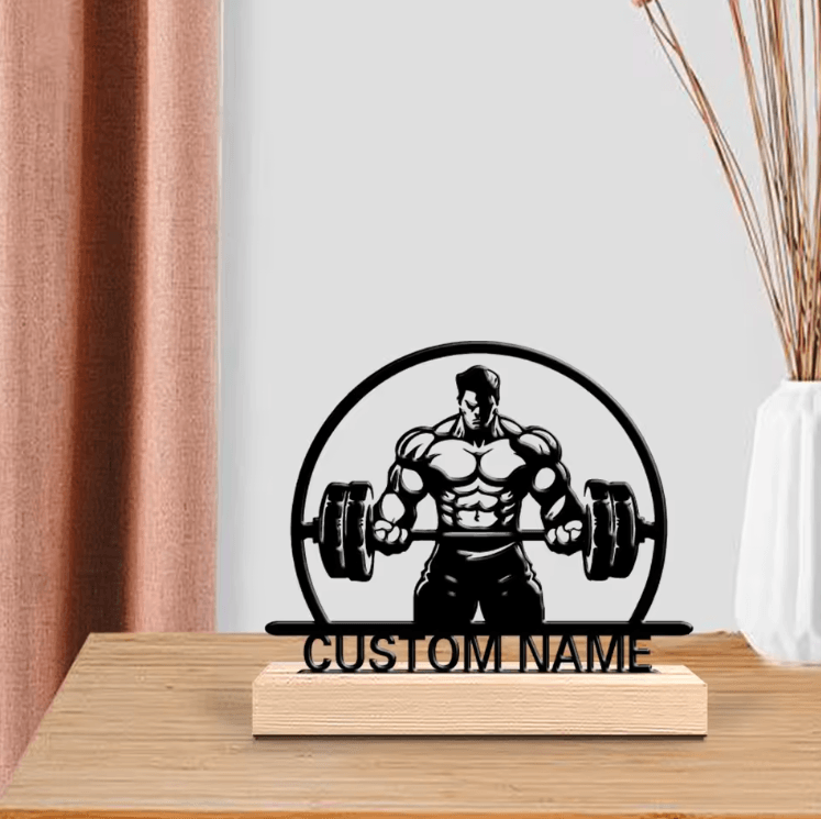 Personalized Weightlifting Metal Art Statue – Custom Gym Figurine with Wooden Base