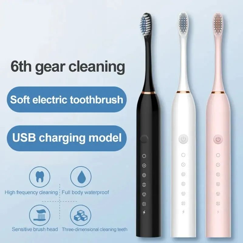 Ultrasonic Electric Toothbrush with 6 Cleaning Modes, USB Rechargeable & Waterproof