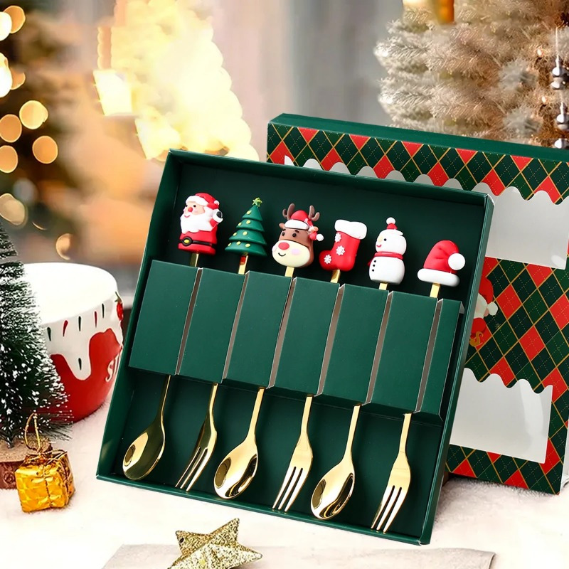 Creative Santa Tree Decoration, Christmas Spoon Fork Set, Stainless Steel Stirring Spoons, Party Tableware