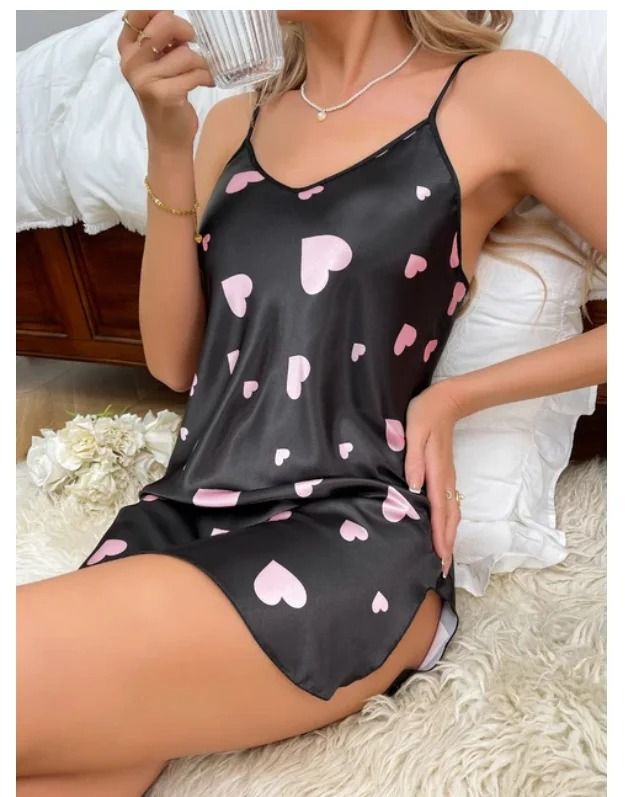 Elegant Heart-Print Satin Nightdress – V-Neck Slip Loungewear