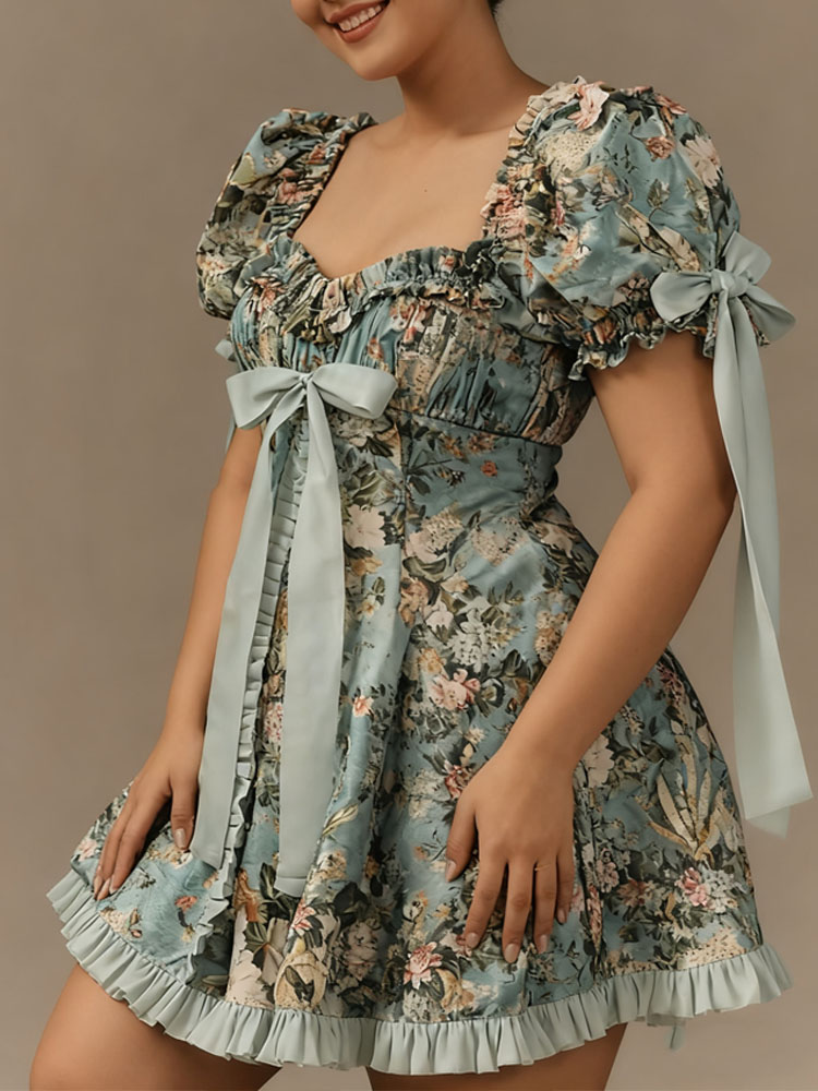 Plus Size Womens Lace Square Collar Mini Dress With Floral Print, Lantern Short Sleeves Elegant Party Dress