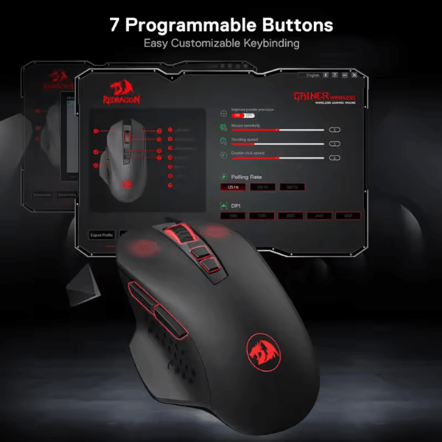 Redragon M656 Gainer Wireless Gaming Mouse 4000 DPI 2.4Ghz with 7 Macro Buttons and Red Backlight