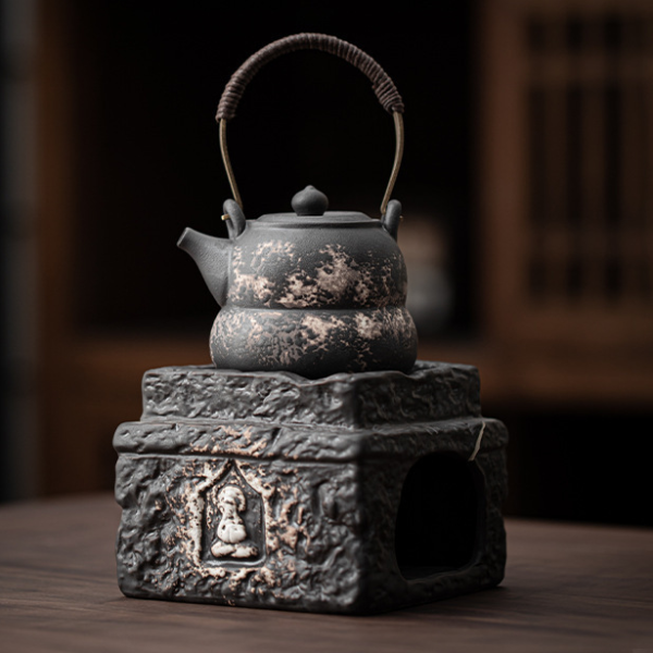 Buddha Tea Warmer Holder, Handmade Wabi Sabi Black Pottery, Kettle Stand, Carbon Furnace Tea Set, Candle Heater