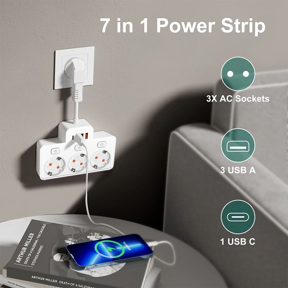 Wall Mounted EU Power Strip with Independent Switch & USB Charging