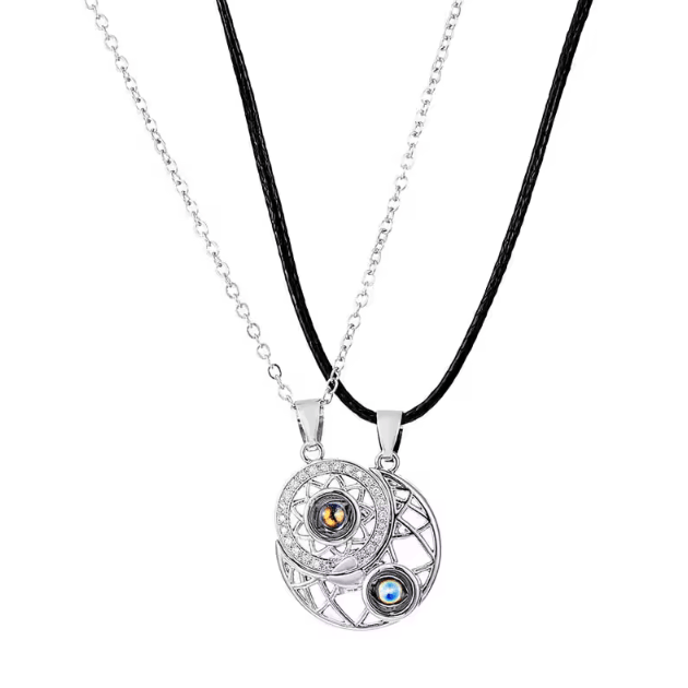 EternalBond 2-Piece Magnetic Couple Necklace – I Love You in 100 Languages Projection Heart Set