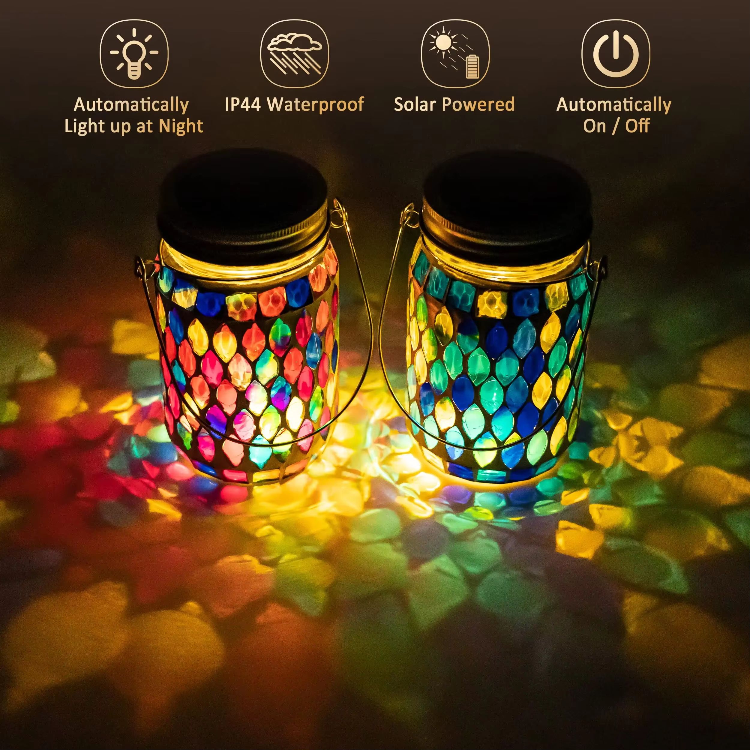 Solar Mosaic Hanging Lantern Waterproof Glass LED Garden Light