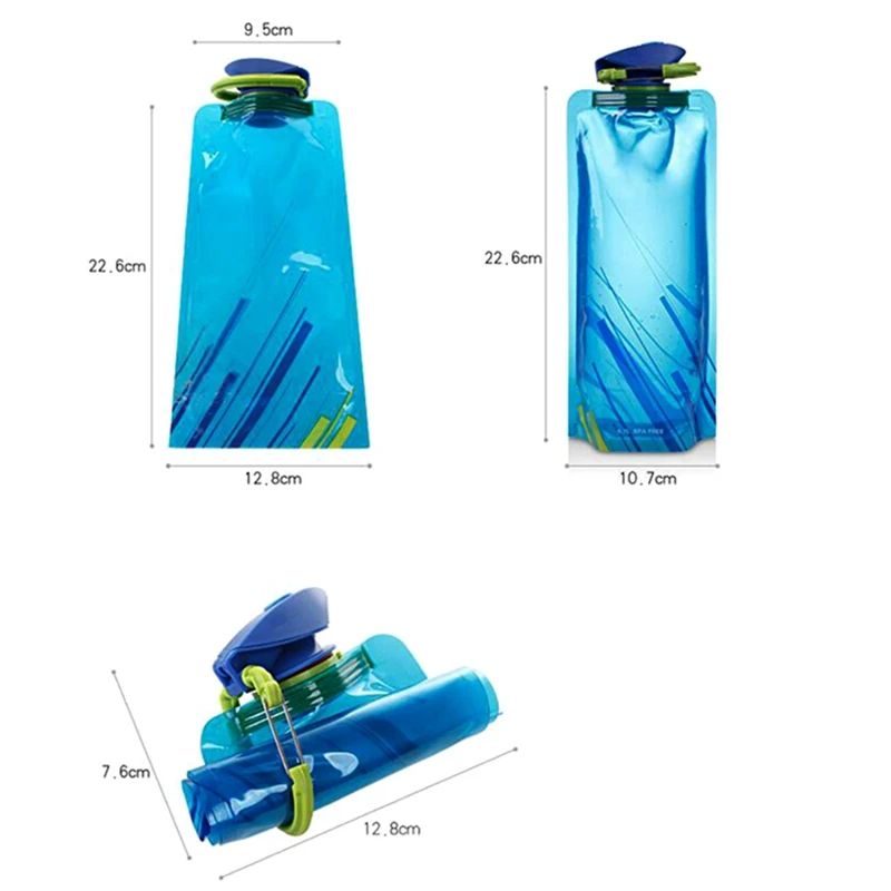 Foldable Water Bottles Flexible Reusable Travel Water Bottle, Soft Flask Plastic Water Pouch with Carabiner Clip