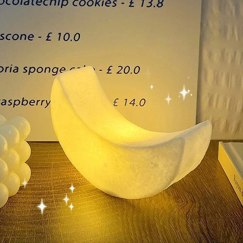 Battery Powered LED Cartoon Moon Shaped Night Light, Atmosphere Table Lamp for Bedroom, Bedside, Living Room, Kid Room