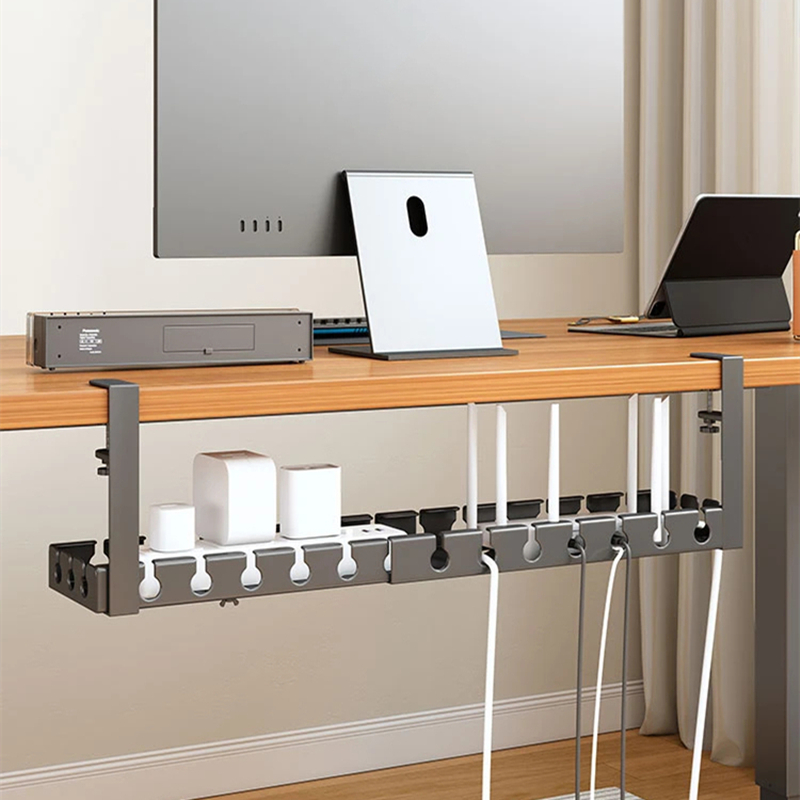 Under Table Storage Rack, Home Office Desk Wire Organizer No Punching Metal Tray, Retractable Power Strip Storage Holder