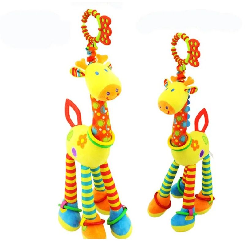 New Soft Cute Giraffe Animal Handbells Rattles Plush Infant Handle Toy with Teether