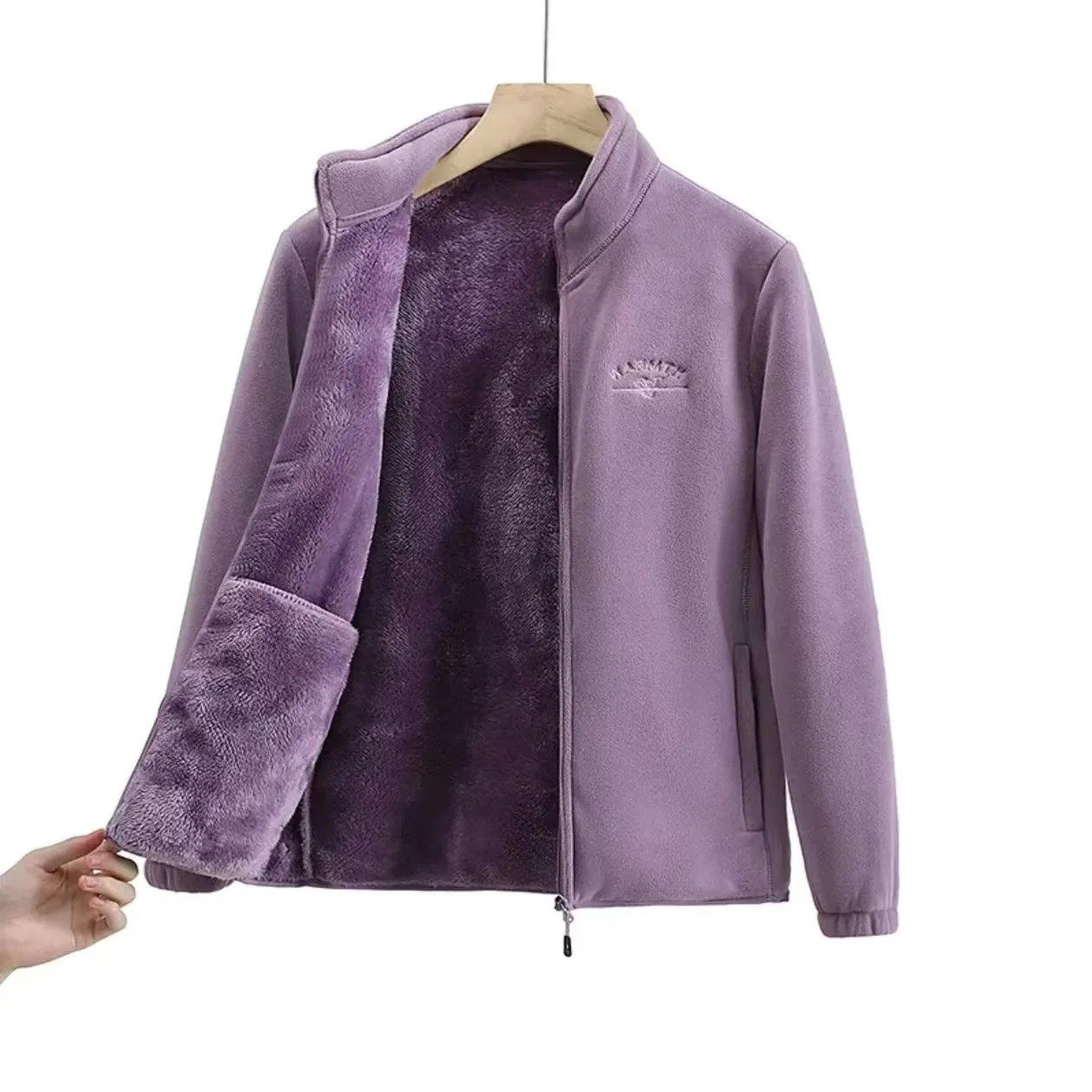 Winter Luxe Polar Fleece Letter Print Coat – Womens Loose Fit Wool-Liner Jacket