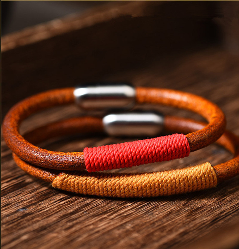 Handwoven Leather Rope Bracelet Vintage Boho Couple Wristband Adjustable Cowhide Bracelet