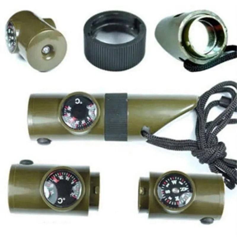 7-in-1 Jungle Survival Whistle with Integrated Compass, LED Light, and Rescue Tools