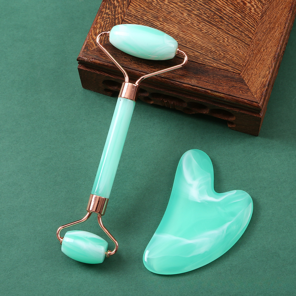Pink Natural Resin Jade Roller Gua Sha Scraper Set, Face Lift Massager, Anti-Wrinkle & Double Chin Remover Beauty Skin