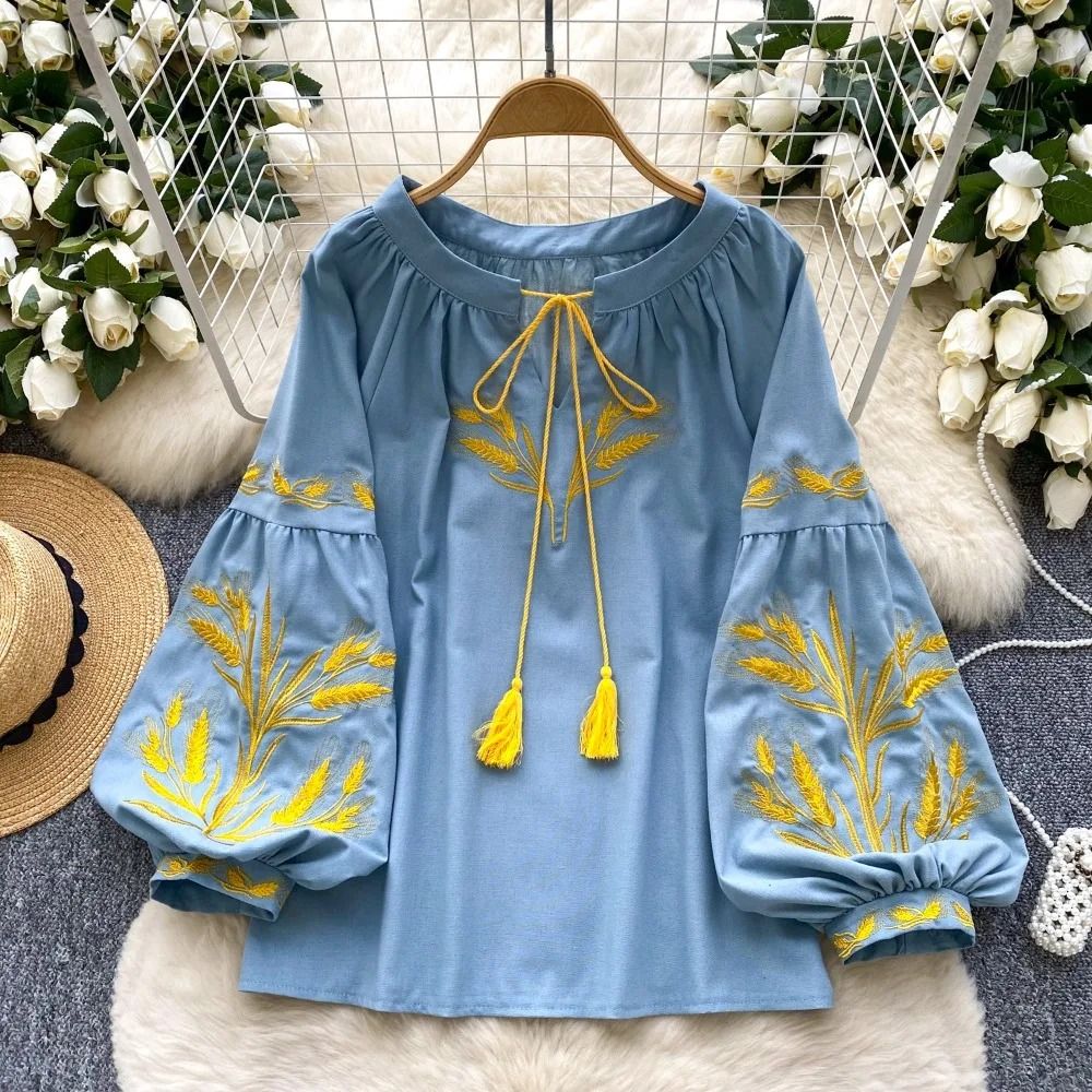 Women Vintage Ethnic Style Embroidered Blouse with Lace Up Neck and Lantern Sleeves