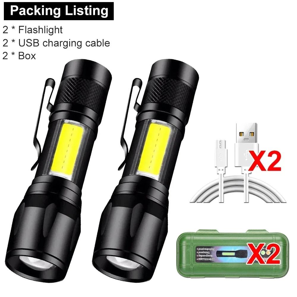 USB Rechargeable Mini COB and XPE LED Flashlight with Zoom and Pen Clip