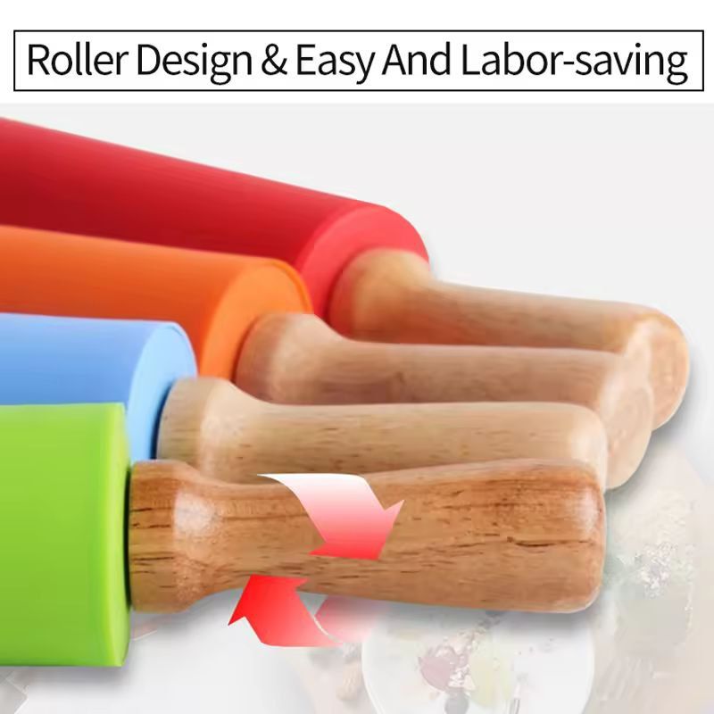 Silicone-Coated Non-Stick Rolling Pin with Wooden Handles - Easy Dough Roller & Pastry Tool