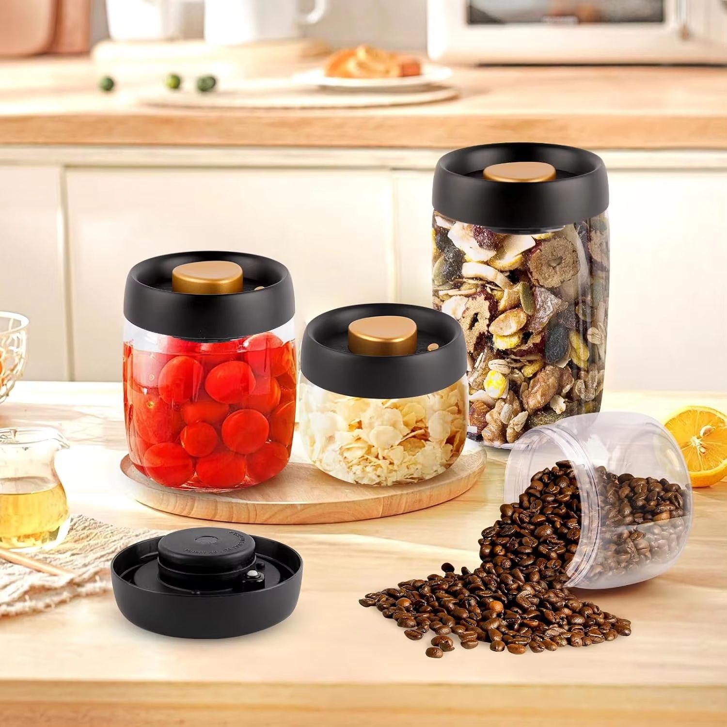 Glass Vacuum Coffee Bean Storage Jar with Airtight Seal and Freshness Lock Lid