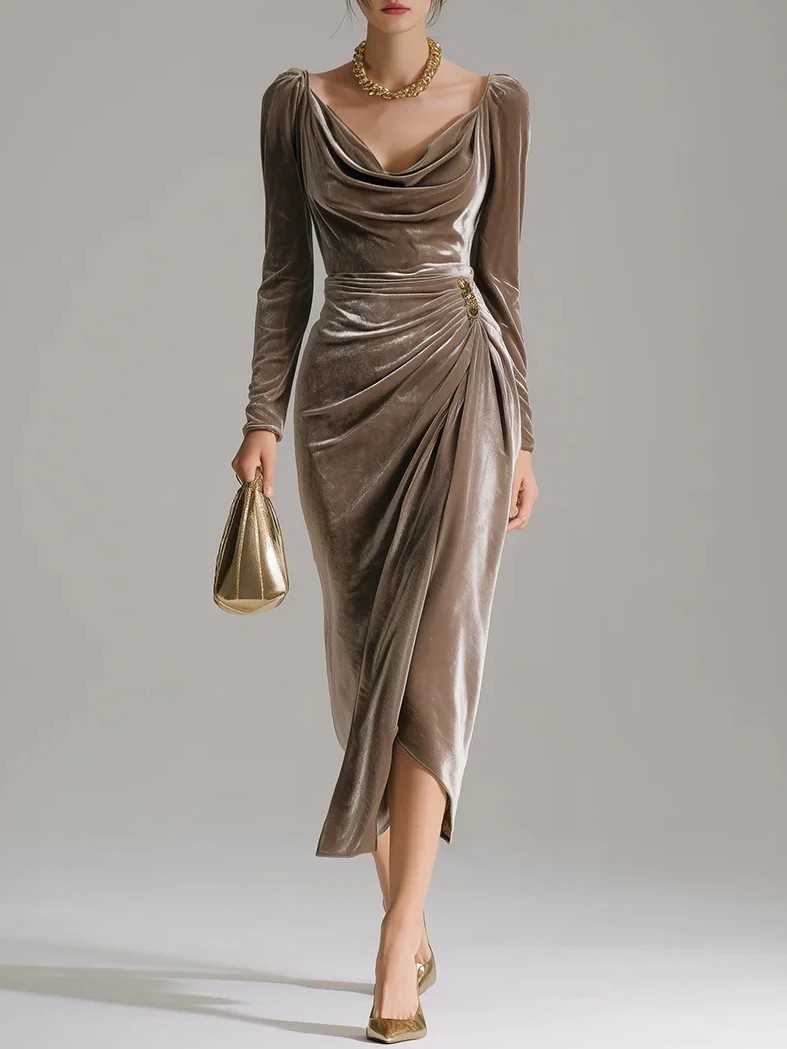 Casual Gold Velvet Sexy Bodycon Dress, European and American Womens Long Sleeve Slim Pleated Split Style