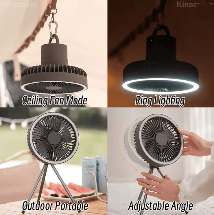 Rechargeable Camping Fan with LED Light and Power Bank Portable Desk and Ceiling Fan