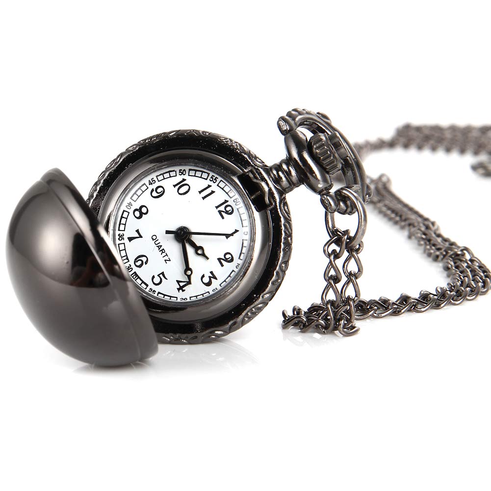 Vintage Black Quartz Pocket Watch Necklace for Men and Women