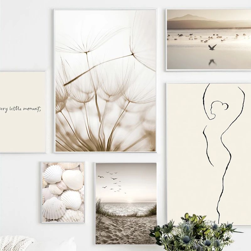 Nordic Beach Canvas Wall Art for Living Room – White Shell Dandelion Floral Home Decor