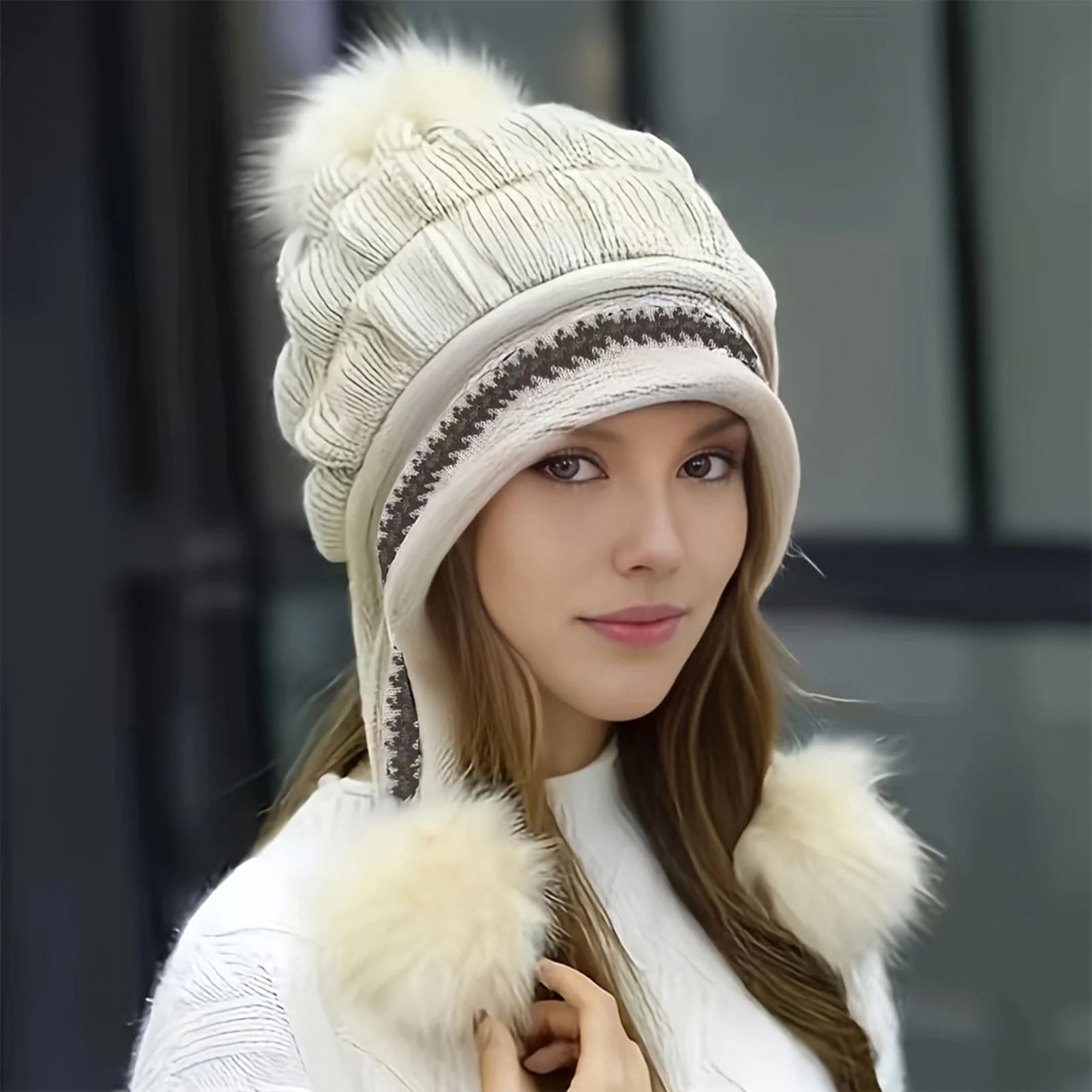 Women Winter Fleece Lined Fur Earflap Beanie Hat
