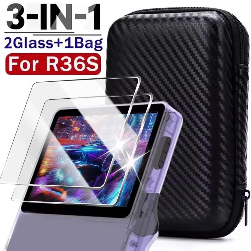 3-in-1 Carrying Storage Case with Tempered Glass Screen Protectors for R36S Game Console
