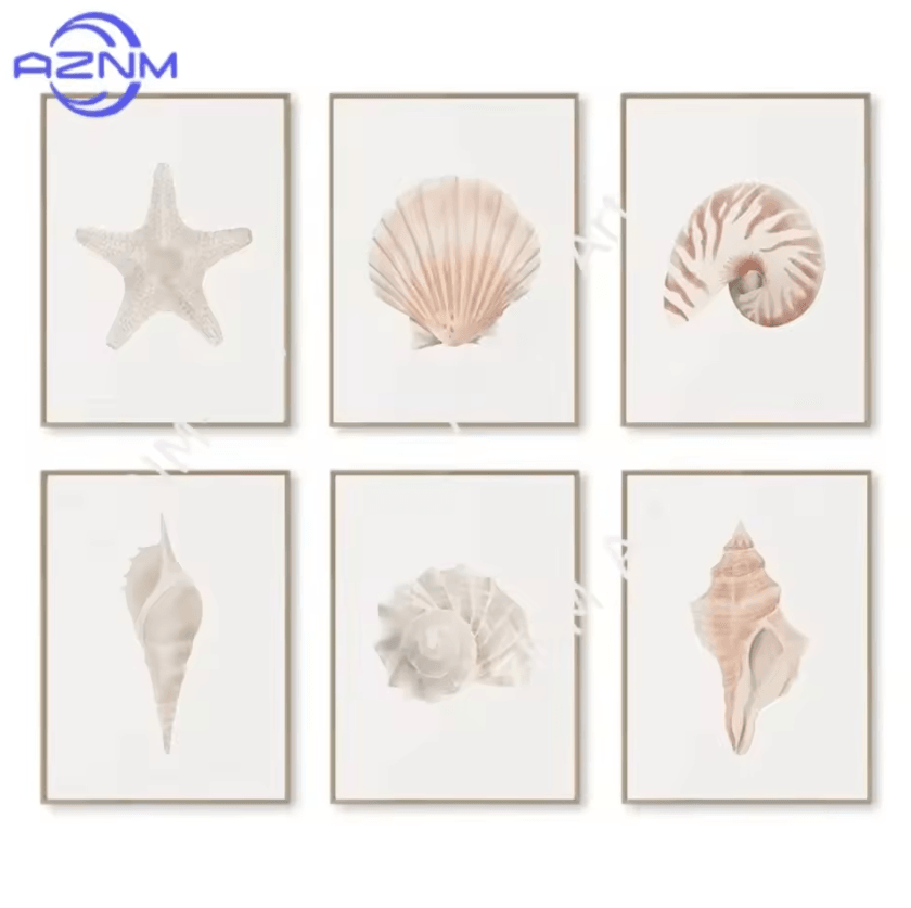 Watercolor Seashell & Starfish Canvas Wall Art Set – Coastal Ocean Home Decor