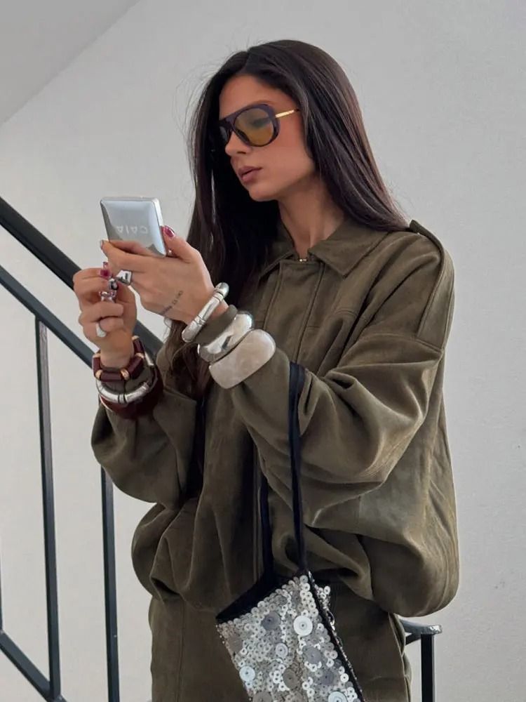 Womens Suede Bomber Jacket In Brown And Green