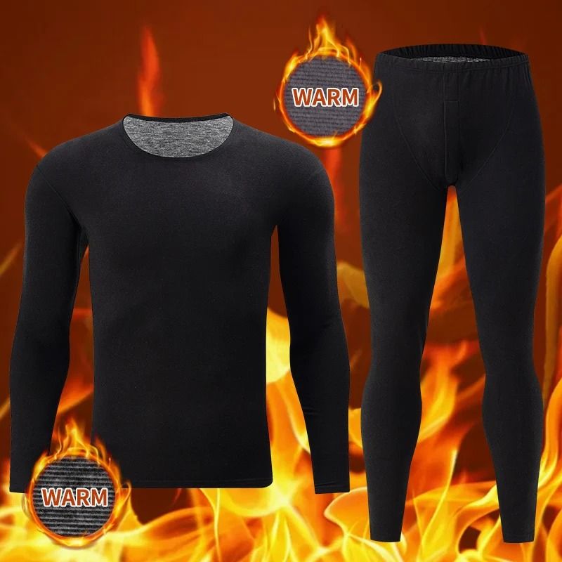 Mens Thermal Underwear Set Fleece Lined Long Sleeve Top and Pants for Autumn and Winter Comfort